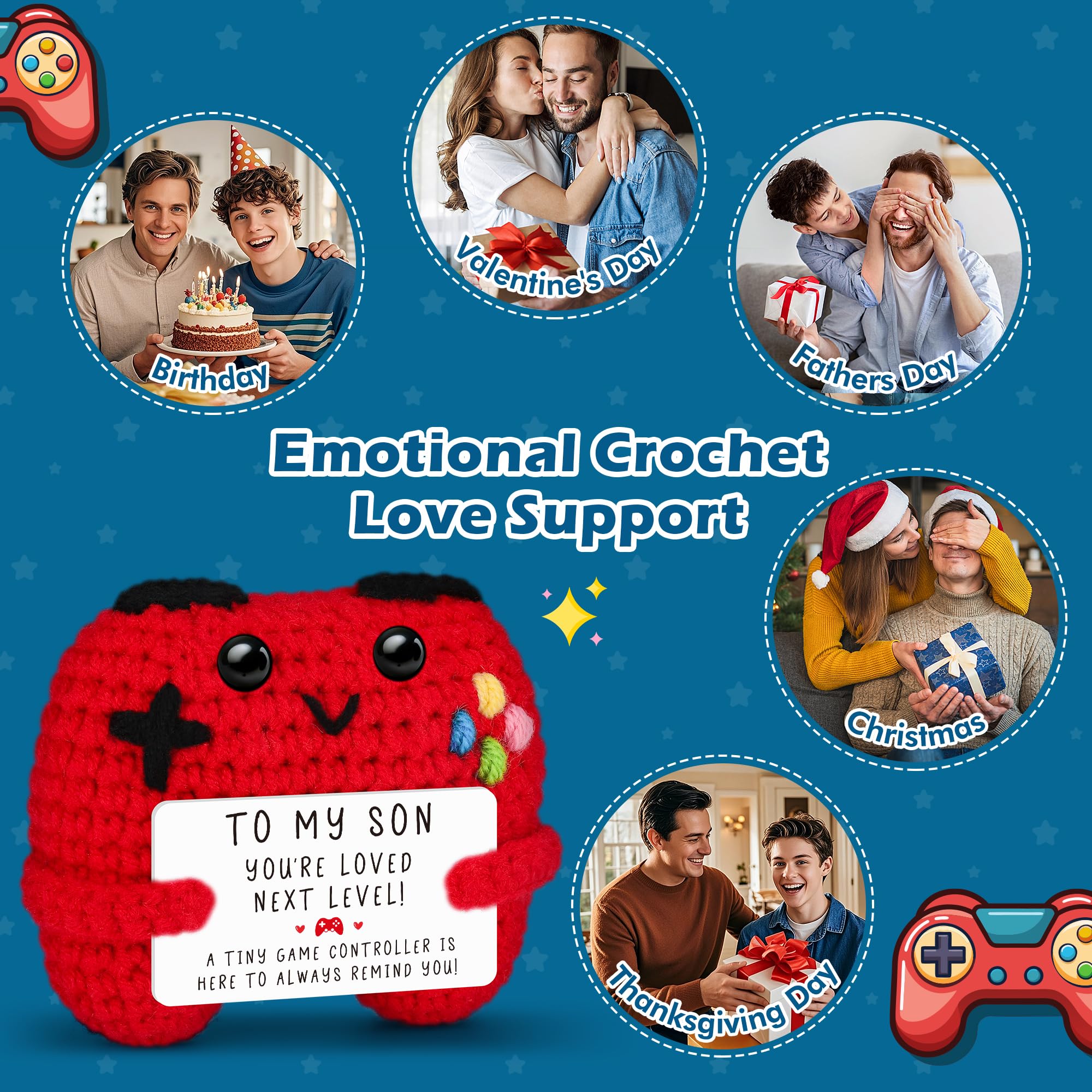 Crochet Game Controller Plush Gift with Inspirational Card - Handmade Soft Yarn Decor for Gamers, Son, Dad - Busy Gaming Life