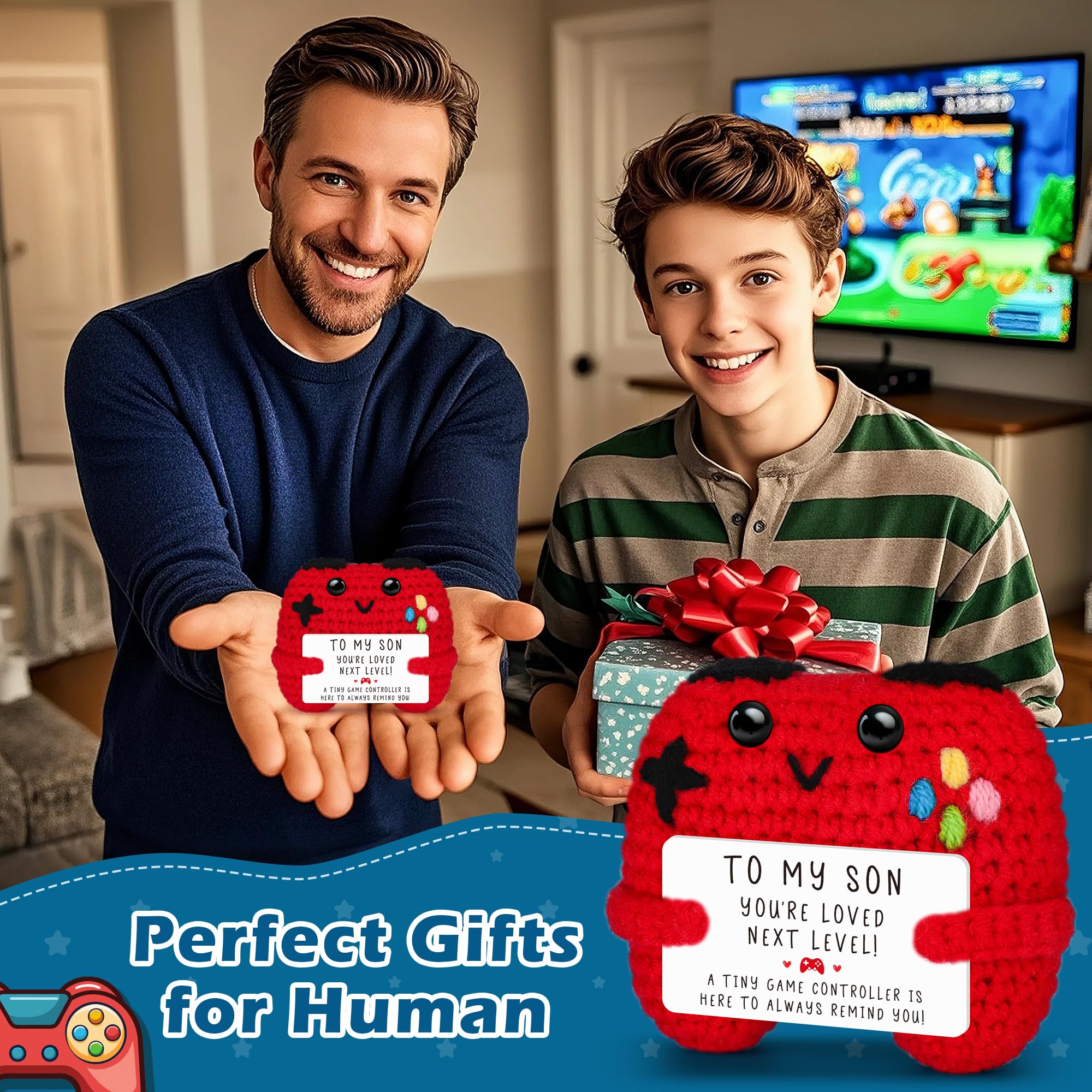 Crochet Game Controller Plush Gift with Inspirational Card - Handmade Soft Yarn Decor for Gamers, Son, Dad - Busy Gaming Life