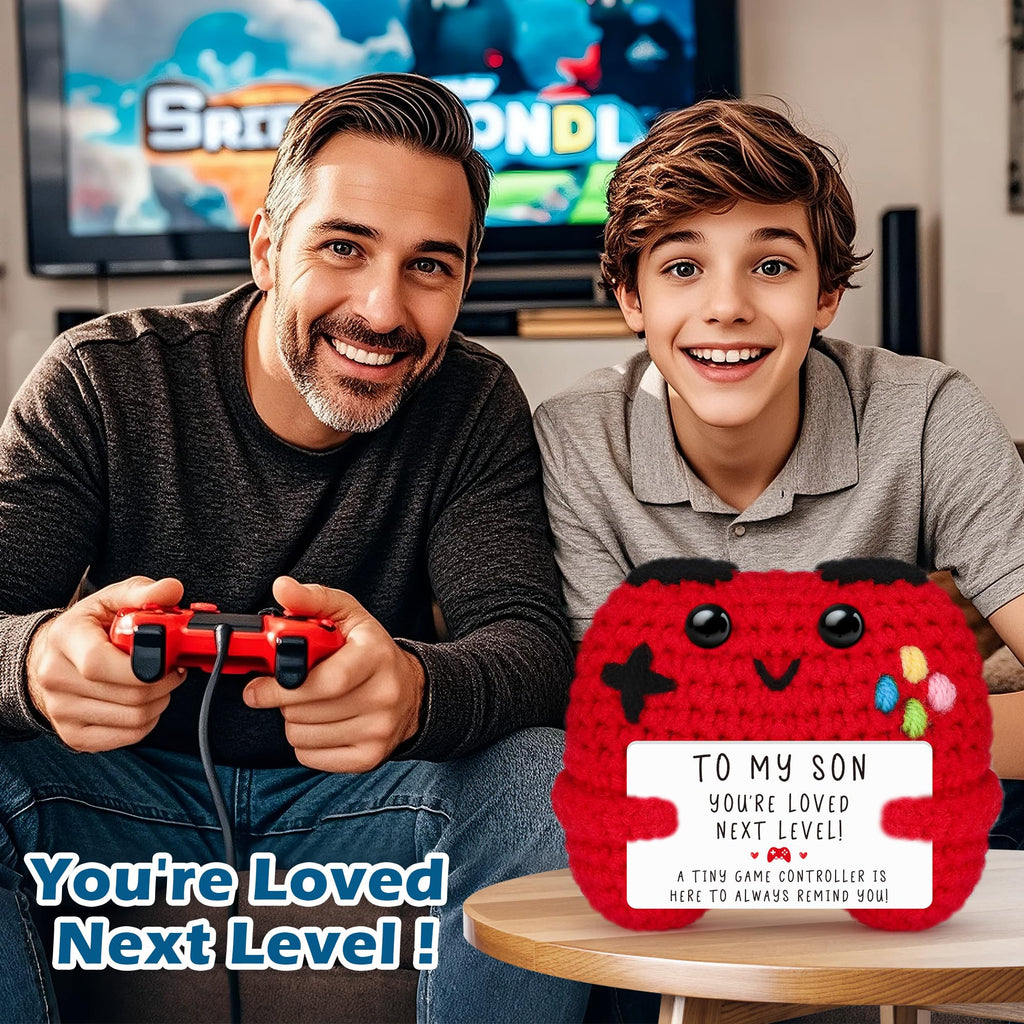 Crochet Game Controller Plush Gift with Inspirational Card - Handmade Soft Yarn Decor for Gamers, Son, Dad - Busy Gaming Life