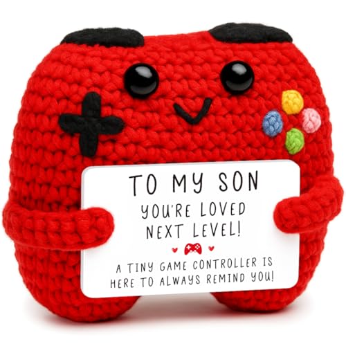 Crochet Game Controller Plush Gift with Inspirational Card - Handmade Soft Yarn Decor for Gamers, Son, Dad - Busy Gaming Life