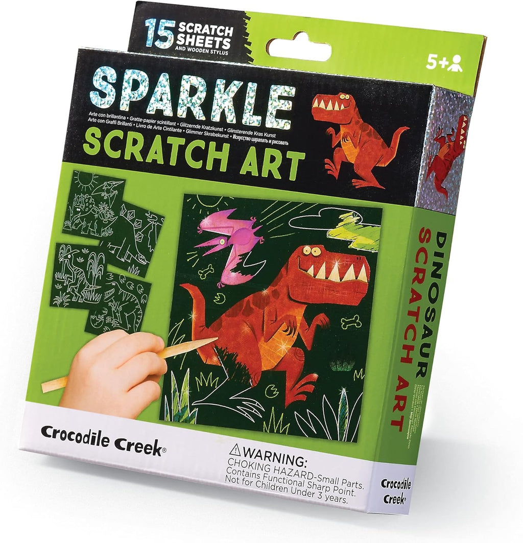 Crocodile Creek Dinosaur Scratch Art Set - 16 Sparkle Sheets with Stencil and Stylus for Kids Ages 3-8