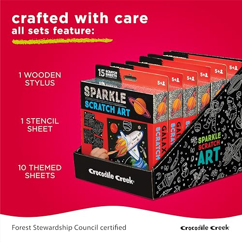 Crocodile Creek Dinosaur Scratch Art Set - 16 Sparkle Sheets with Stencil and Stylus for Kids Ages 3-8