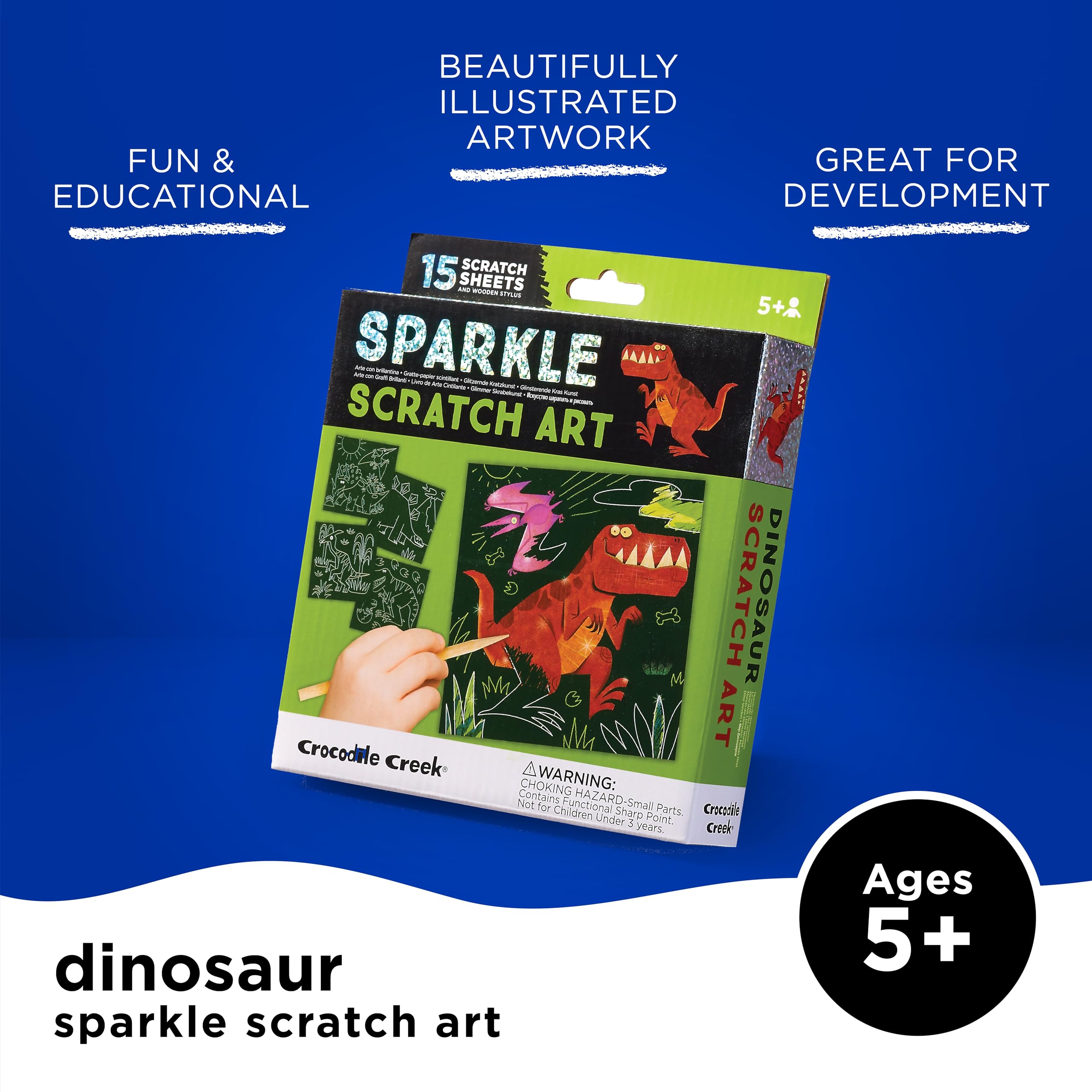 Crocodile Creek Dinosaur Scratch Art Set - 16 Sparkle Sheets with Stencil and Stylus for Kids Ages 3-8