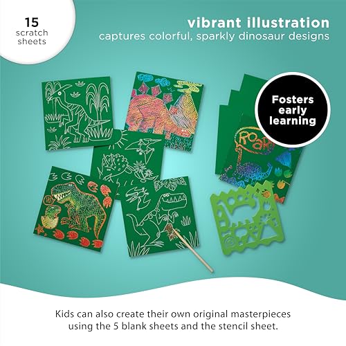 Crocodile Creek Dinosaur Scratch Art Set - 16 Sparkle Sheets with Stencil and Stylus for Kids Ages 3-8