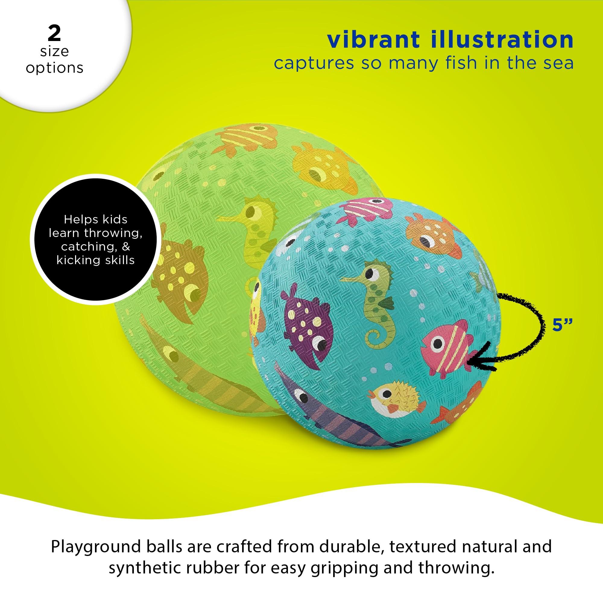 Crocodile Creek Playground Ball – Durable PVC-Free Rubber Ball for Kids Ages 3+ (Fish Design, 5" & 7" Sizes)