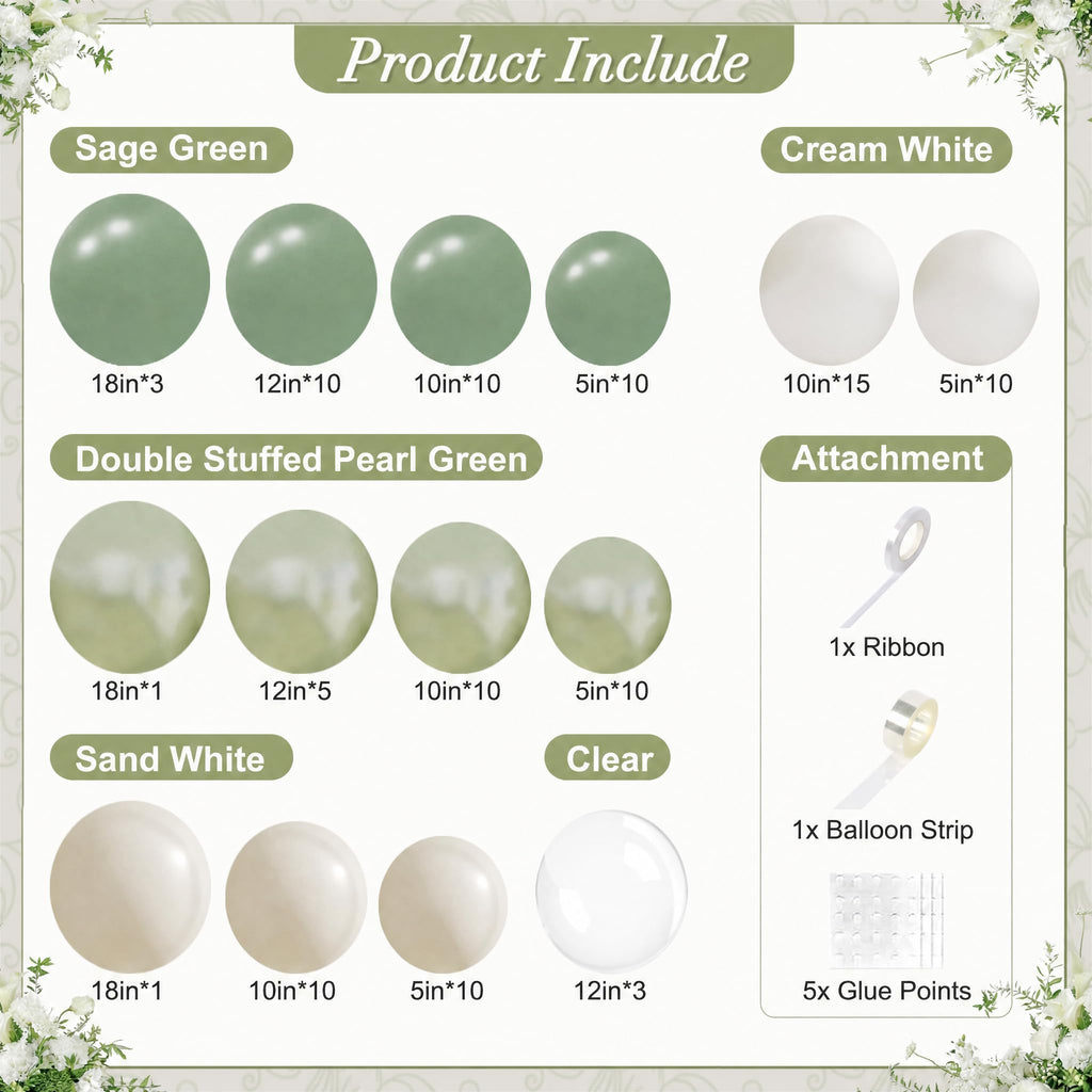 CROSSFINGERS 108Pcs Double Stuffed Sage Green Balloon Arch Kit for Weddings, Bridal Showers, Baby Showers, Birthdays