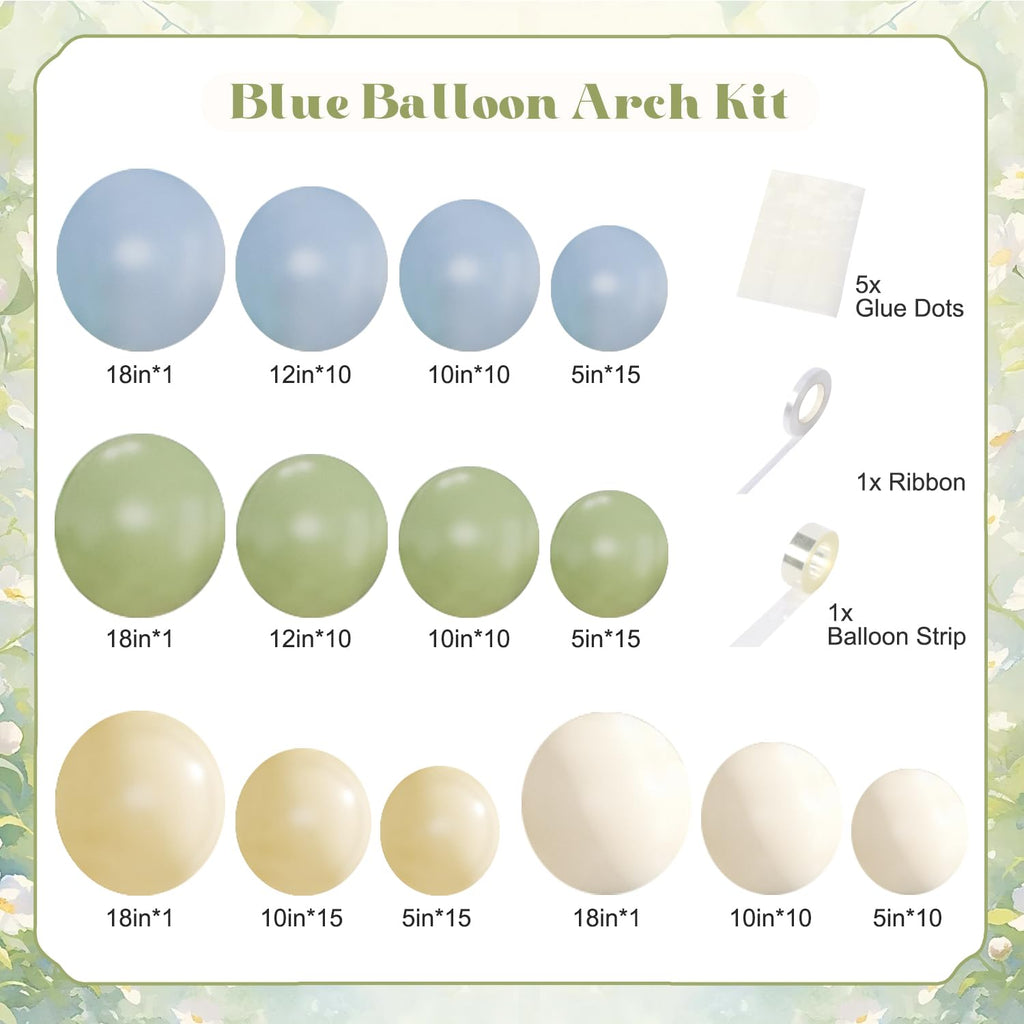 CROSSFINGERS 124-Piece Pastel Balloon Arch Kit – Sage Green, Dusty Blue, Yellow & Sand White for Baby Shower, Wedding, Birthday