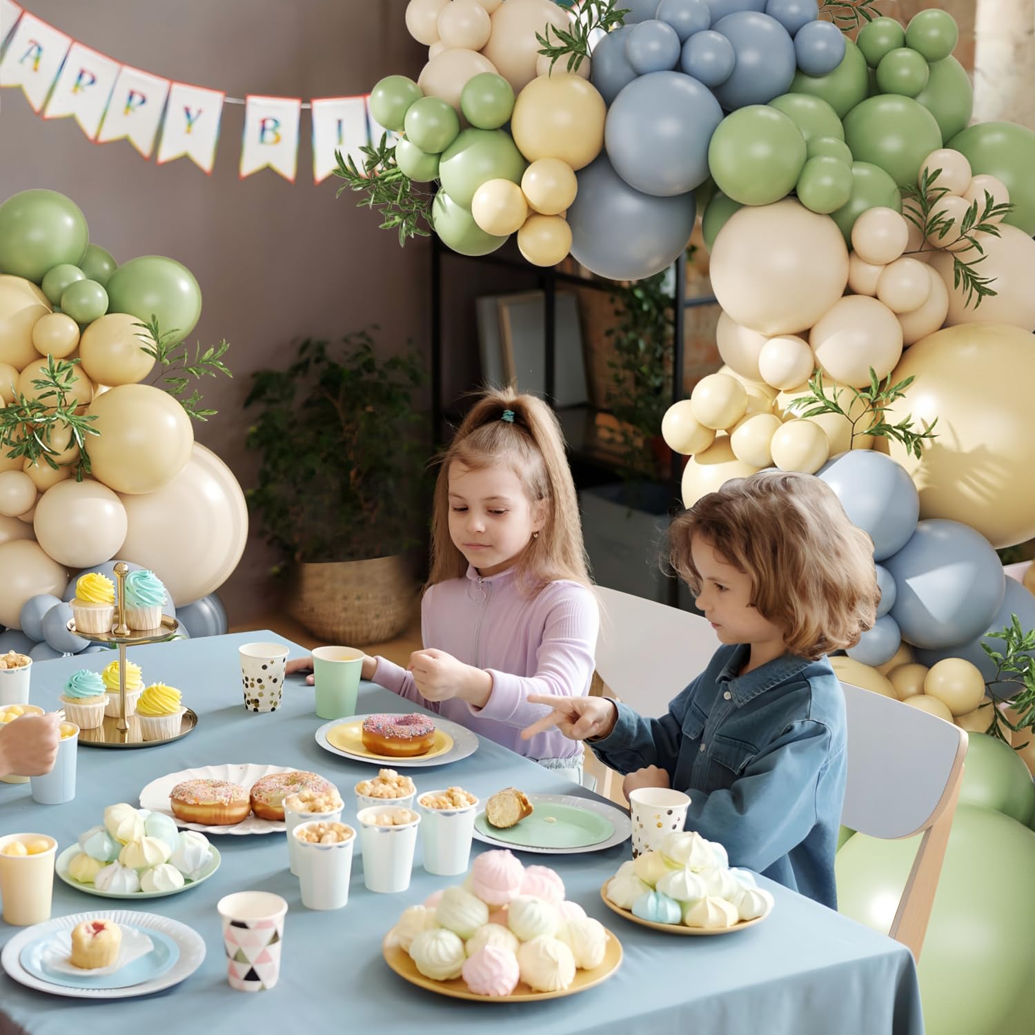 CROSSFINGERS 124-Piece Pastel Balloon Arch Kit – Sage Green, Dusty Blue, Yellow & Sand White for Baby Shower, Wedding, Birthday