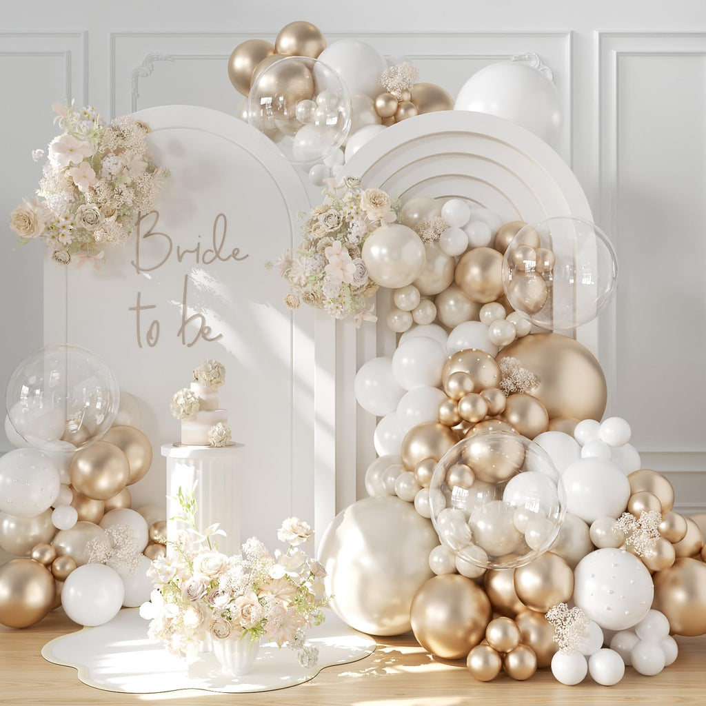 CROSSFINGERS 168pc Pearl Champagne Gold & White Balloon Garland Arch Kit for Parties
