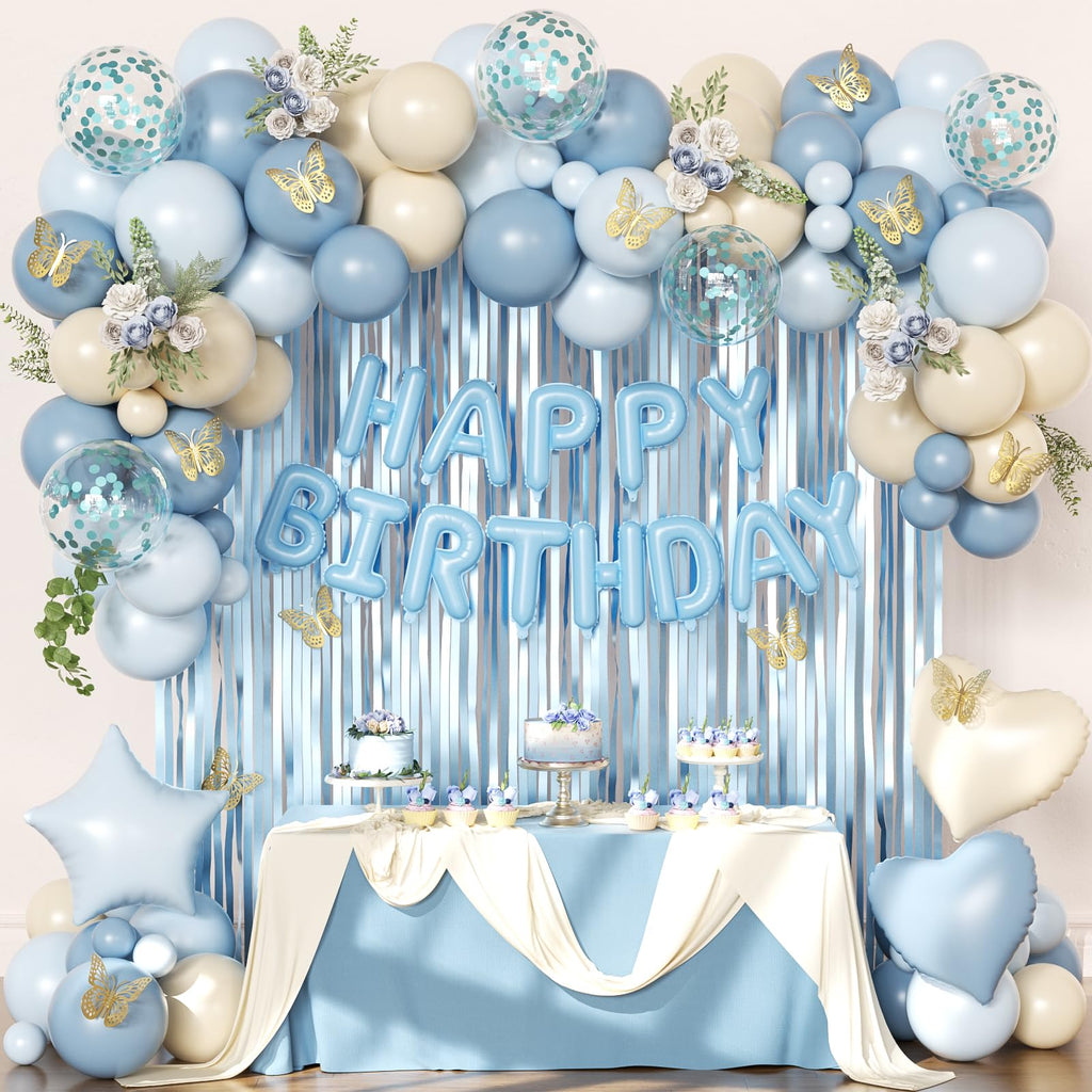 CROSSFINGERS Blue Birthday Decorations Set – 90+ Pieces Including Foil Balloons, Fringe Curtains & Gold Butterflies