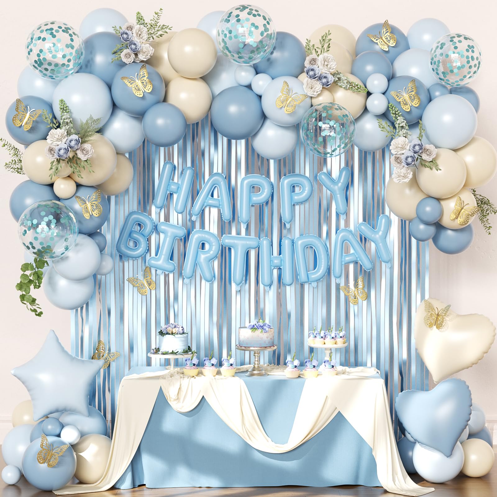 CROSSFINGERS Blue Birthday Decorations Set – 90+ Pieces Including Foil Balloons, Fringe Curtains & Gold Butterflies