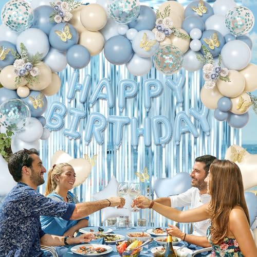 CROSSFINGERS Blue Birthday Decorations Set – 90+ Pieces Including Foil Balloons, Fringe Curtains & Gold Butterflies