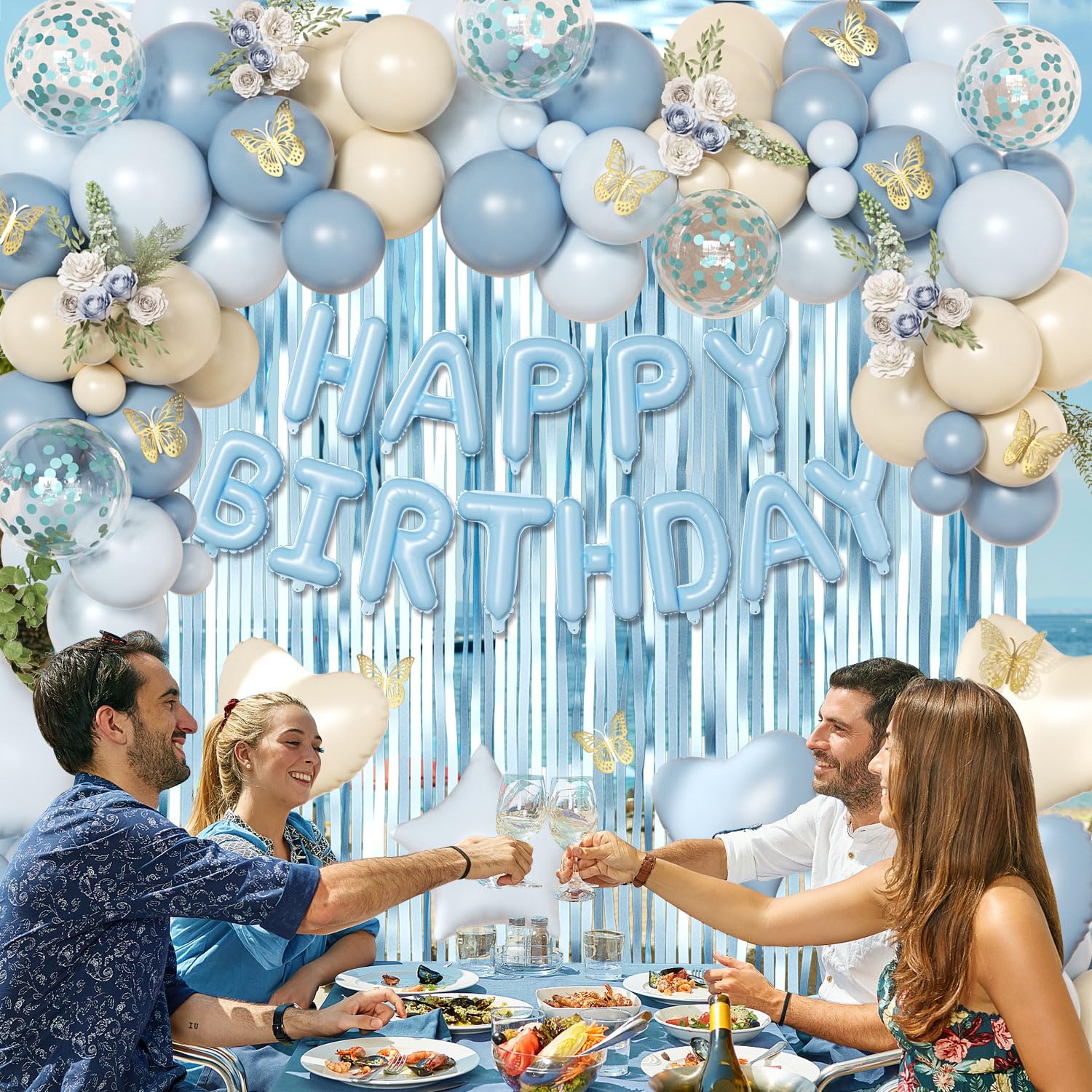 CROSSFINGERS Blue Birthday Decorations Set – 90+ Pieces Including Foil Balloons, Fringe Curtains & Gold Butterflies