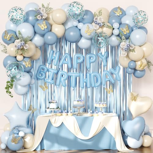 CROSSFINGERS Blue Birthday Decorations Set – 90+ Pieces Including Foil Balloons, Fringe Curtains & Gold Butterflies