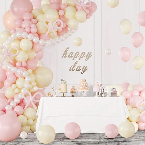CROSSFINGERS Coquette Bow Balloon Arch Garland Kit - Pink, Yellow & Pearl White | 18", 12", 10", 5" Latex Balloons for Birthday, Bridal, Baby Shower Decor