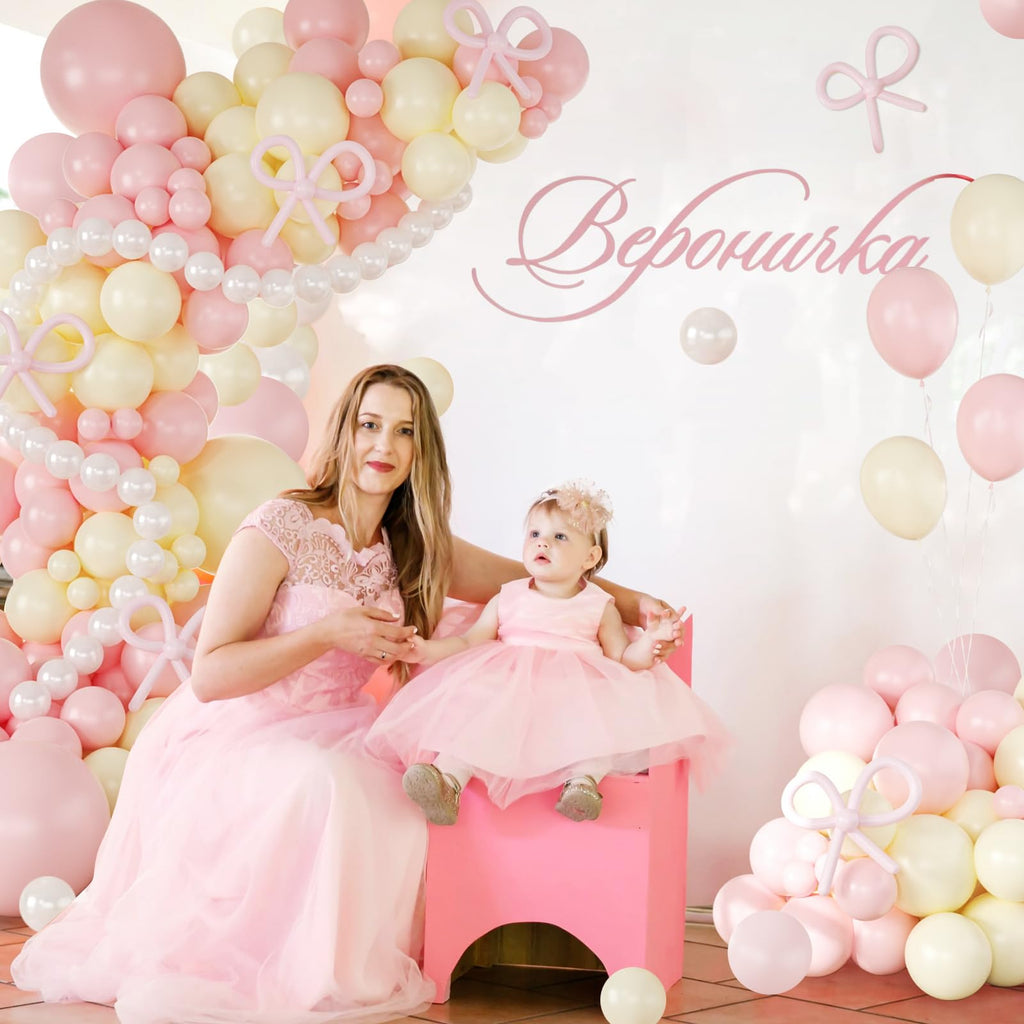 CROSSFINGERS Coquette Bow Balloon Arch Garland Kit - Pink, Yellow & Pearl White | 18", 12", 10", 5" Latex Balloons for Birthday, Bridal, Baby Shower Decor
