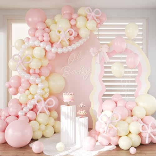 CROSSFINGERS Coquette Bow Balloon Arch Garland Kit - Pink, Yellow & Pearl White | 18", 12", 10", 5" Latex Balloons for Birthday, Bridal, Baby Shower Decor