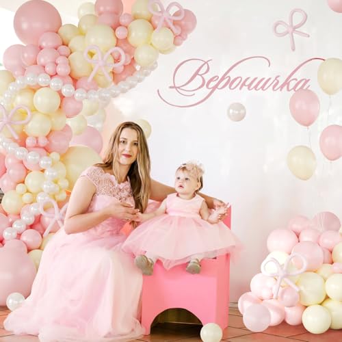 CROSSFINGERS Coquette Bow Balloon Arch Garland Kit - Pink, Yellow & Pearl White | 18", 12", 10", 5" Latex Balloons for Birthday, Bridal, Baby Shower Decor