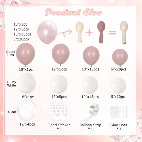 CROSSFINGERS Dusty Pink Balloon Garland Arch Kit - 168-Piece Double Stuffed Pearl White & Dusty Pink Balloons for Birthday, Wedding, Baby Shower Decorations