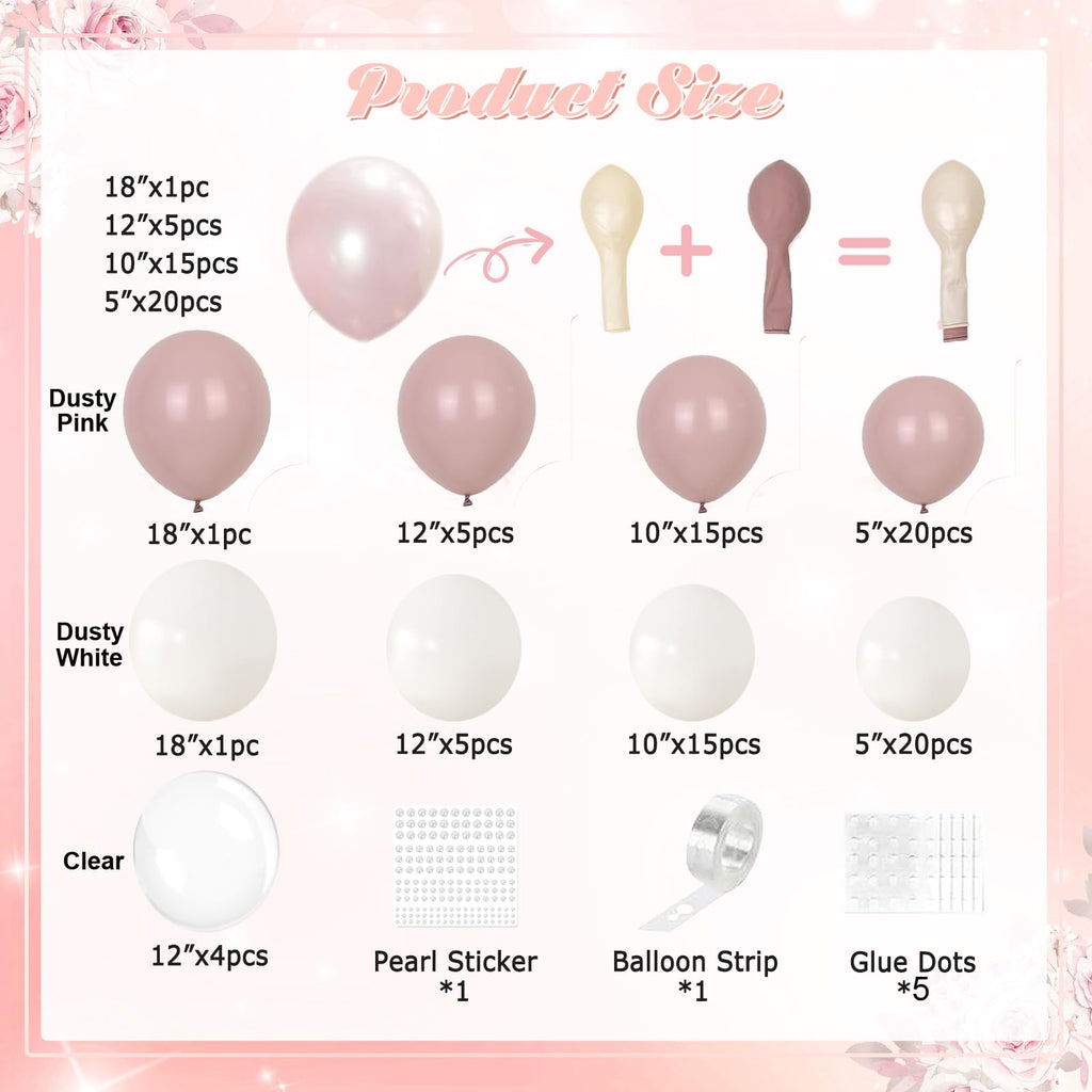 CROSSFINGERS Dusty Pink Balloon Garland Arch Kit - 168-Piece Double Stuffed Pearl White & Dusty Pink Balloons for Birthday, Wedding, Baby Shower Decorations