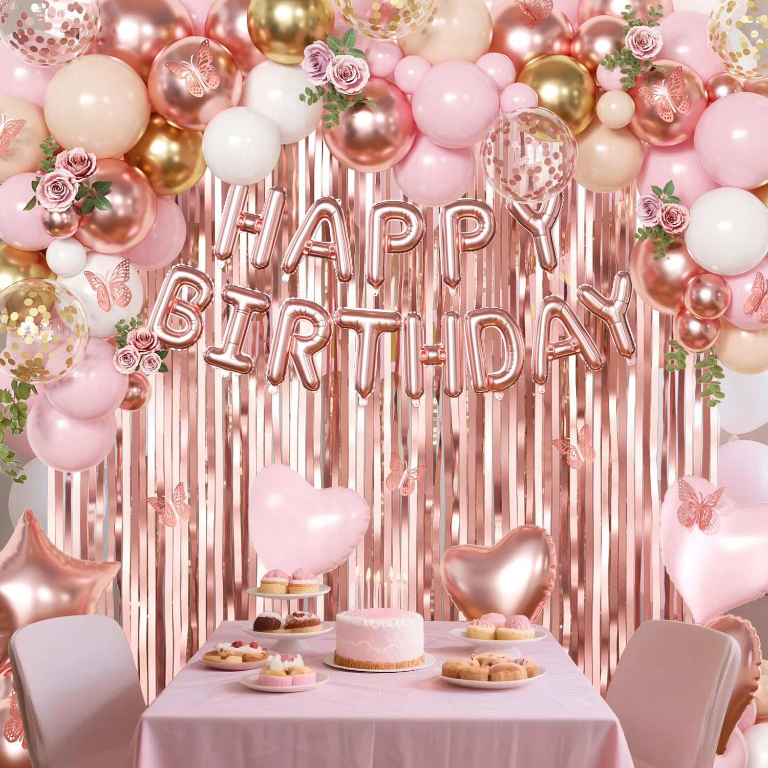 CROSSFINGERS Rose Gold Birthday Decorations 97-Piece Set – Foil & Latex Balloons, Fringe Curtains, Butterfly Decor for Women and Teens