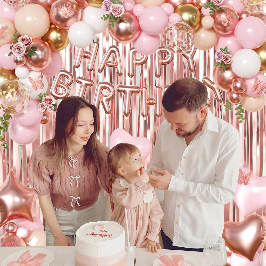 CROSSFINGERS Rose Gold Birthday Decorations 97-Piece Set – Foil & Latex Balloons, Fringe Curtains, Butterfly Decor for Women and Teens