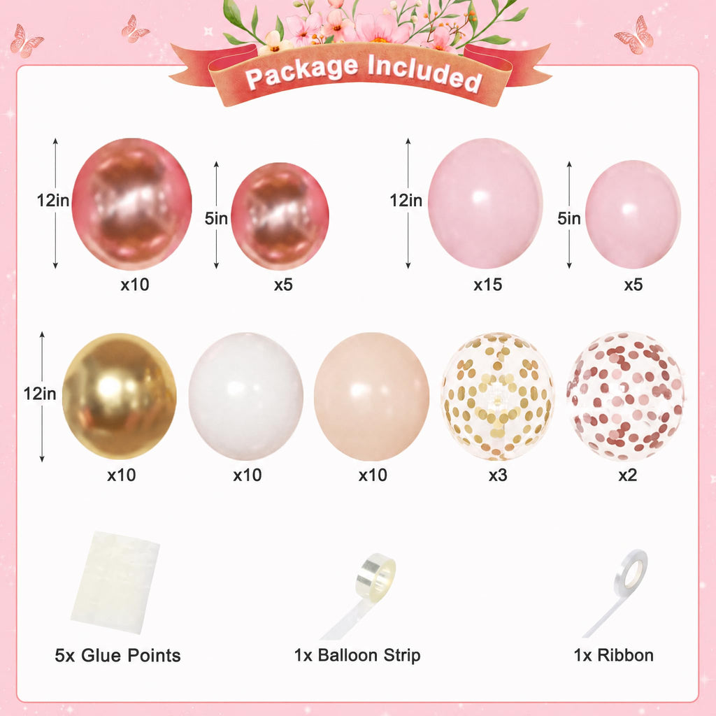 CROSSFINGERS Rose Gold Birthday Decorations 97-Piece Set – Foil & Latex Balloons, Fringe Curtains, Butterfly Decor for Women and Teens