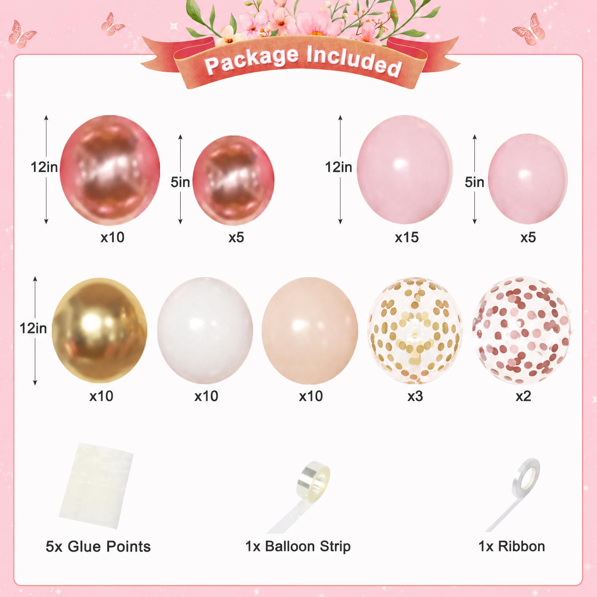 CROSSFINGERS Rose Gold Birthday Decorations 97-Piece Set – Foil & Latex Balloons, Fringe Curtains, Butterfly Decor for Women and Teens