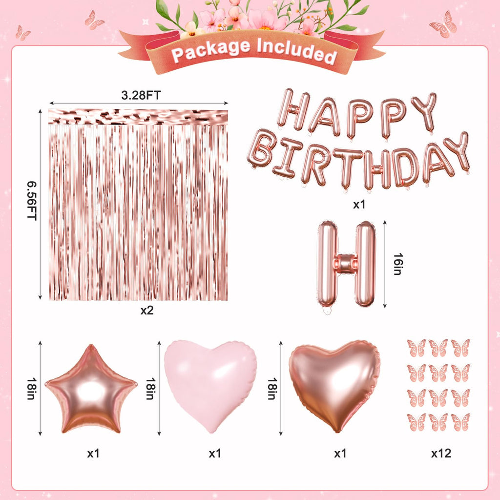 CROSSFINGERS Rose Gold Birthday Decorations 97-Piece Set – Foil & Latex Balloons, Fringe Curtains, Butterfly Decor for Women and Teens