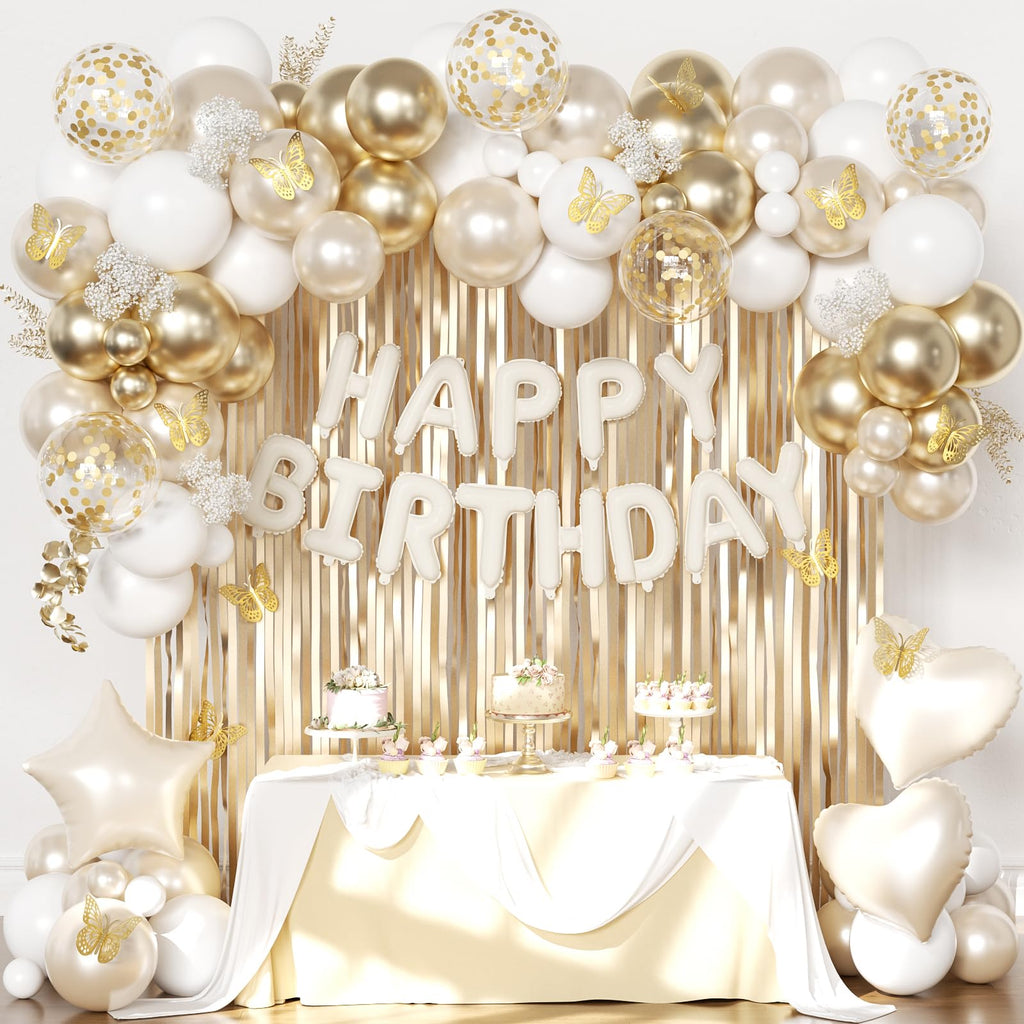 CROSSFINGERS White Gold Birthday Decorations: 94-Piece Set with Foil & Latex Balloons, Butterfly Decor, Fringe Curtains