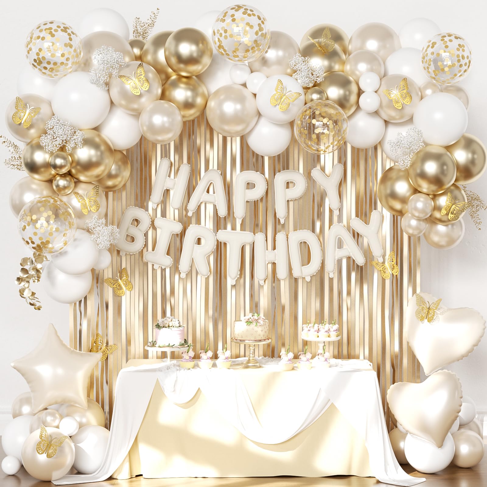 CROSSFINGERS White Gold Birthday Decorations: 94-Piece Set with Foil & Latex Balloons, Butterfly Decor, Fringe Curtains
