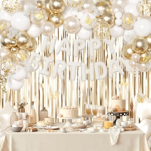 CROSSFINGERS White Gold Birthday Decorations: 94-Piece Set with Foil & Latex Balloons, Butterfly Decor, Fringe Curtains