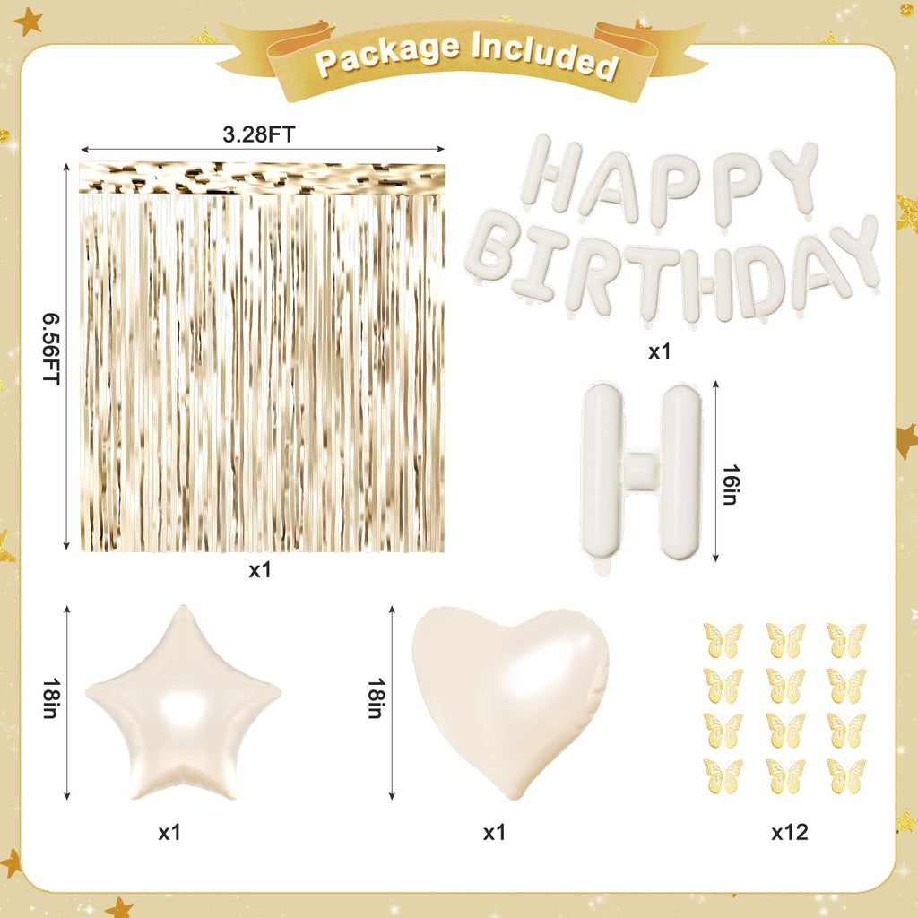 CROSSFINGERS White Gold Birthday Decorations: 94-Piece Set with Foil & Latex Balloons, Butterfly Decor, Fringe Curtains