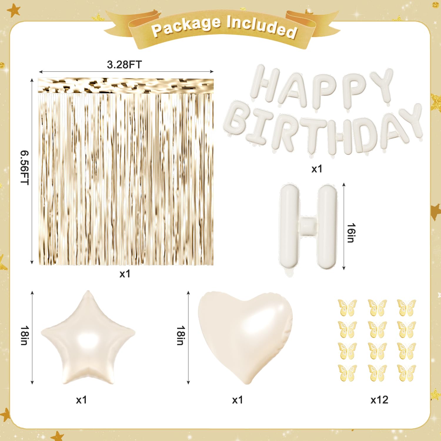 CROSSFINGERS White Gold Birthday Decorations: 94-Piece Set with Foil & Latex Balloons, Butterfly Decor, Fringe Curtains