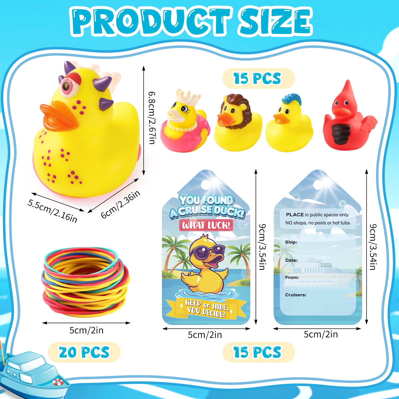 Cruise Rubber Duck Hiding Kit – 15 Ducks, 15 Tags, 20 Rubber Bands for Ducking Games