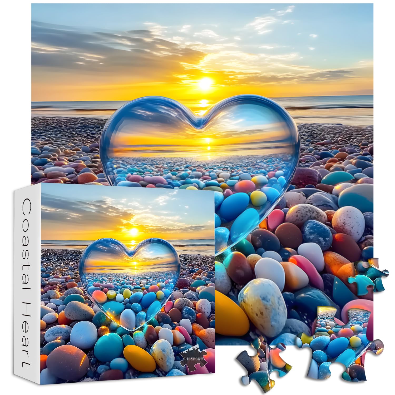 Crystal Heart 1000-Piece Jigsaw Puzzle – PICKFORU Summer Beach Sunset Scene for Adults