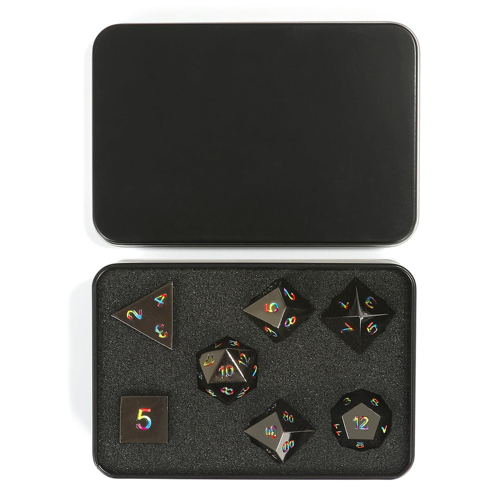 CSITORWWE Rose Engraved Metal Dice Set – 7 Zinc Alloy Polyhedral Dice with Iridescent Numbers for D&D and TTRPGs