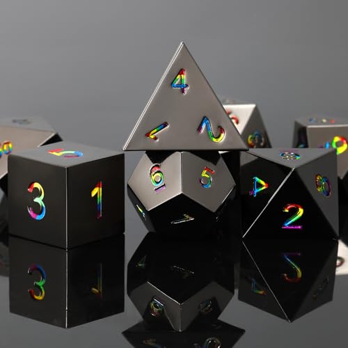 CSITORWWE Rose Engraved Metal Dice Set – 7 Zinc Alloy Polyhedral Dice with Iridescent Numbers for D&D and TTRPGs