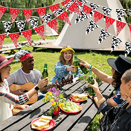 Ctosree 49 Ft Cow Print Bandana Pennant Banners – 5 Pack Western Cowboy Bunting for Farm Theme Party Decor (7.5 x 10.8 in Each)