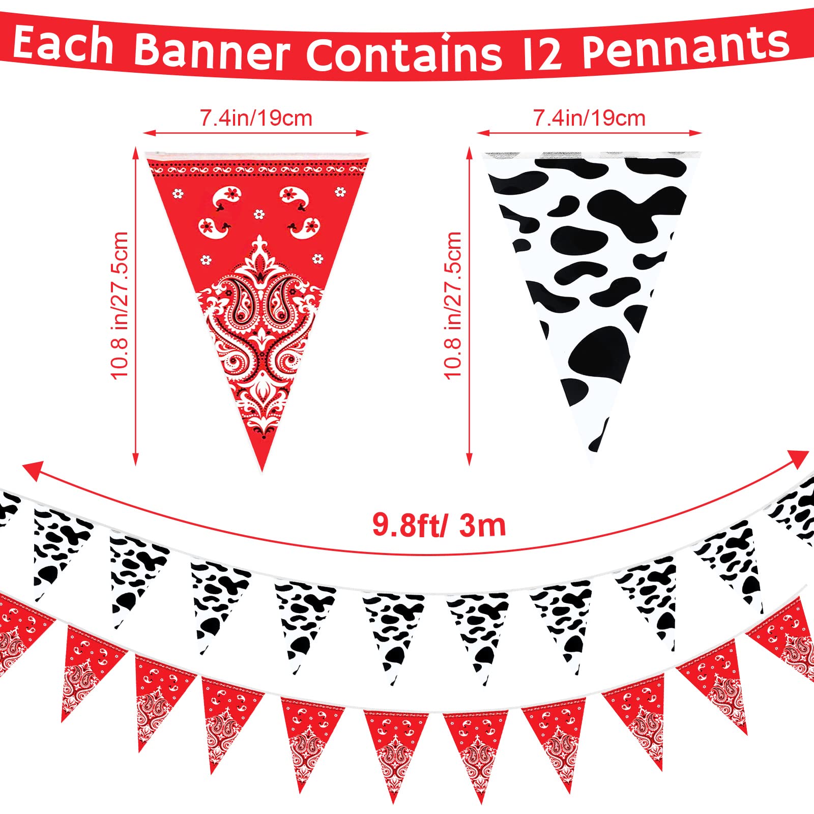 Ctosree 49 Ft Cow Print Bandana Pennant Banners – 5 Pack Western Cowboy Bunting for Farm Theme Party Decor (7.5 x 10.8 in Each)