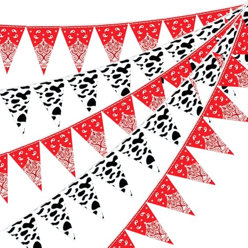 Ctosree 49 Ft Cow Print Bandana Pennant Banners – 5 Pack Western Cowboy Bunting for Farm Theme Party Decor (7.5 x 10.8 in Each)