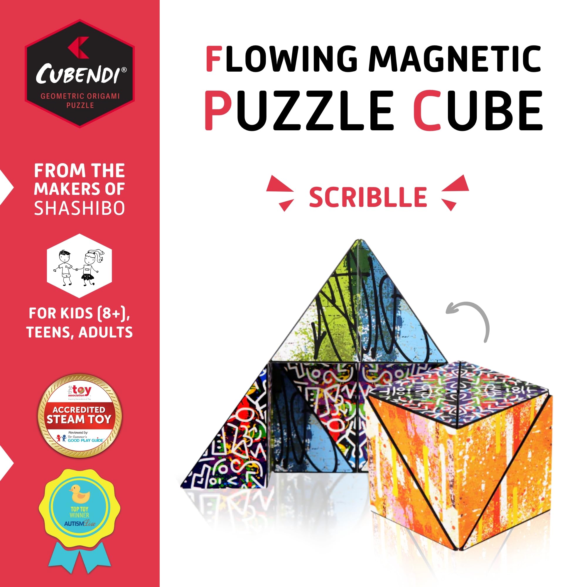 CUBENDI Geometric Origami Puzzle - Magnetic Shape Shifting Cube with 48 Magnets - Scribble Pattern