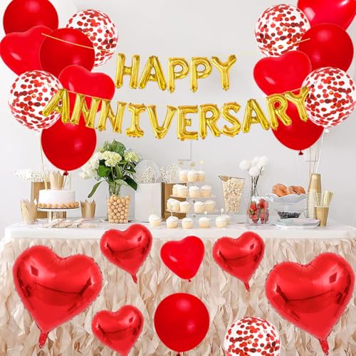 Cunnikku Red Heart Anniversary Balloon Set – 55 Pieces with Foil Balloons and Silk Rose Petals