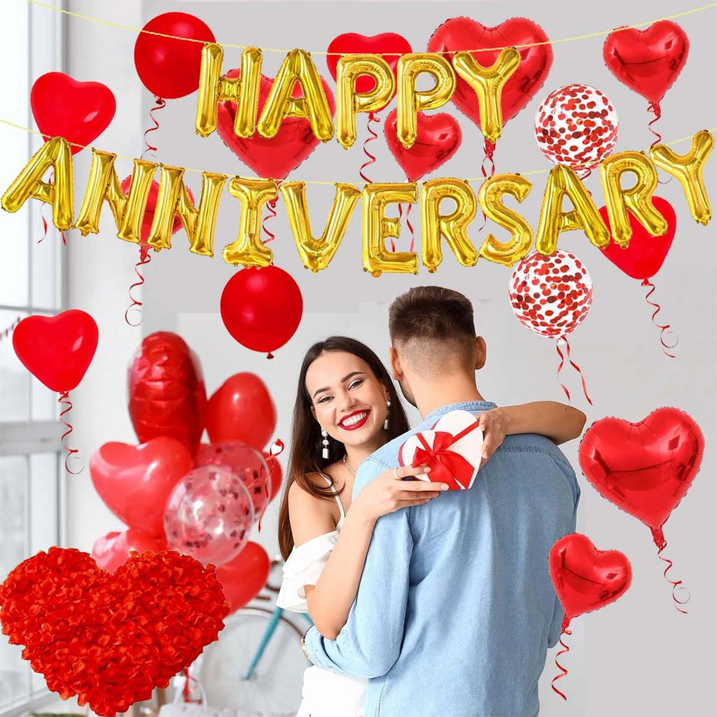 Cunnikku Red Heart Anniversary Balloon Set – 55 Pieces with Foil Balloons and Silk Rose Petals