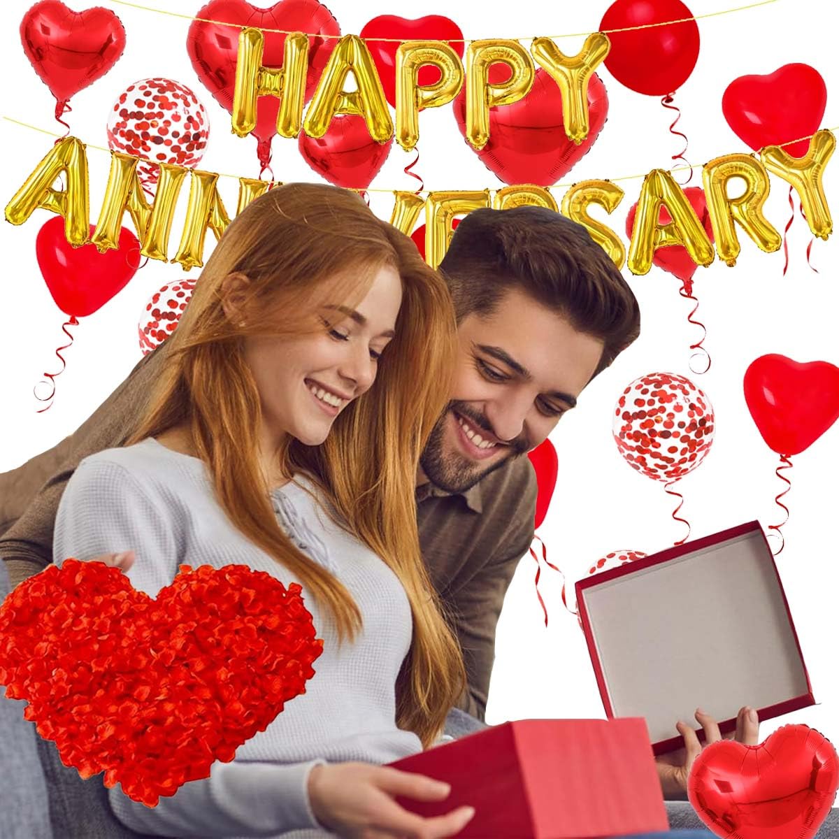 Cunnikku Red Heart Anniversary Balloon Set – 55 Pieces with Foil Balloons and Silk Rose Petals