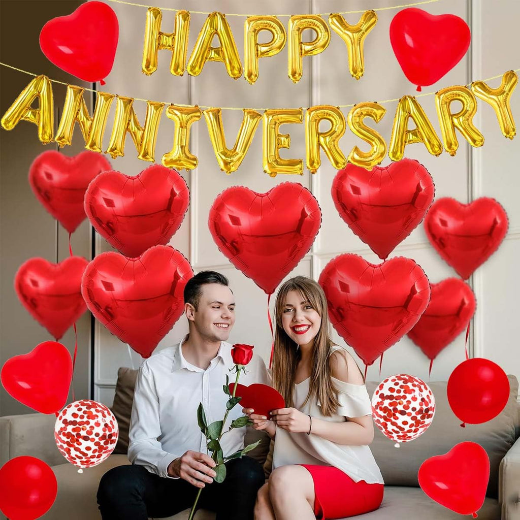 Cunnikku Red Heart Anniversary Balloon Set – 55 Pieces with Foil Balloons and Silk Rose Petals