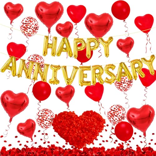 Cunnikku Red Heart Anniversary Balloon Set – 55 Pieces with Foil Balloons and Silk Rose Petals