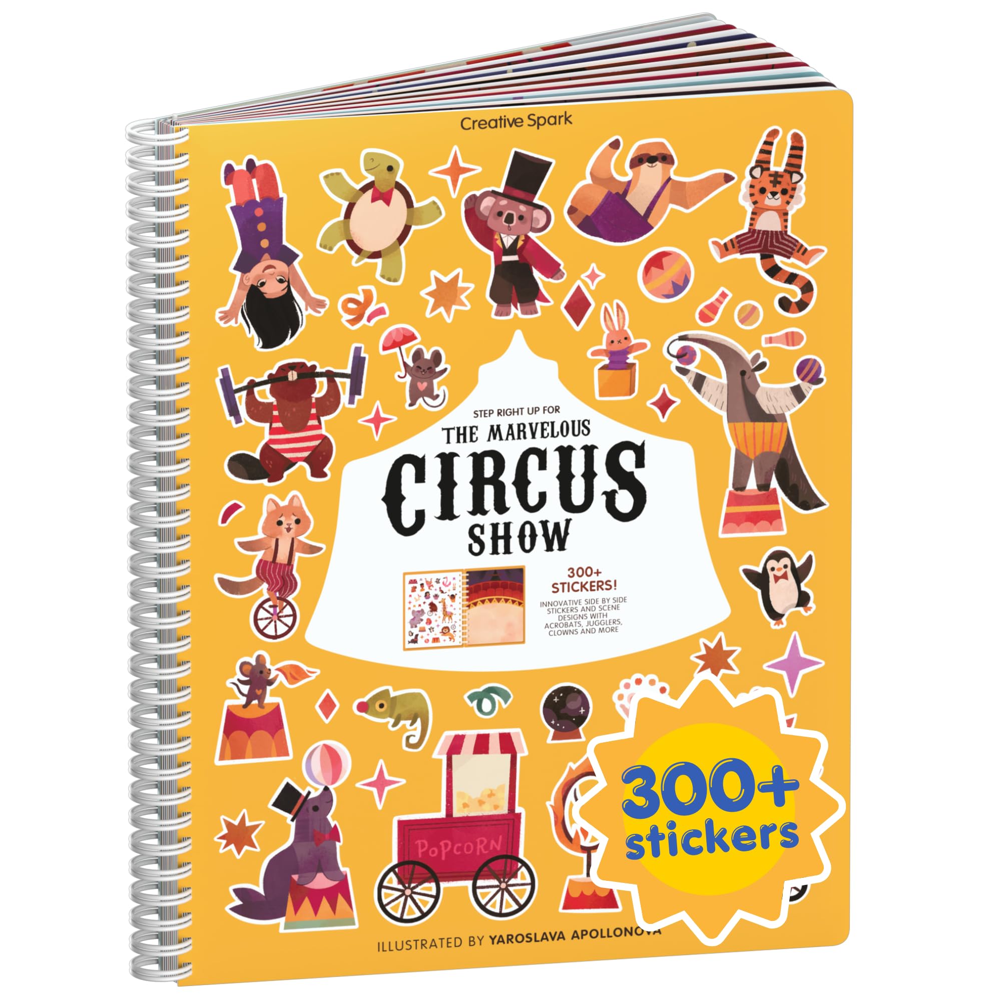 CUPKIN Circus Show Sticker Book for Kids – 300+ Stickers, 8 Coloring Pages, Spiral Binding