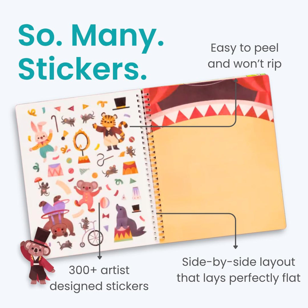 CUPKIN Circus Show Sticker Book for Kids – 300+ Stickers, 8 Coloring Pages, Spiral Binding