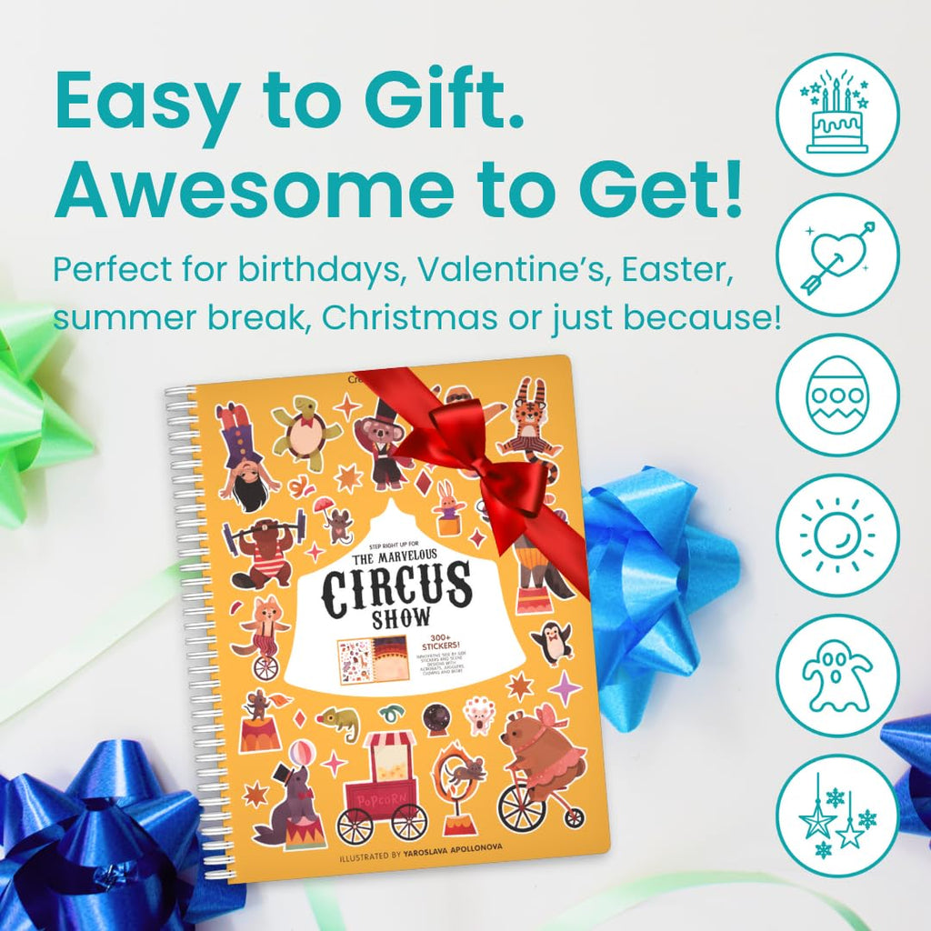 CUPKIN Circus Show Sticker Book for Kids – 300+ Stickers, 8 Coloring Pages, Spiral Binding